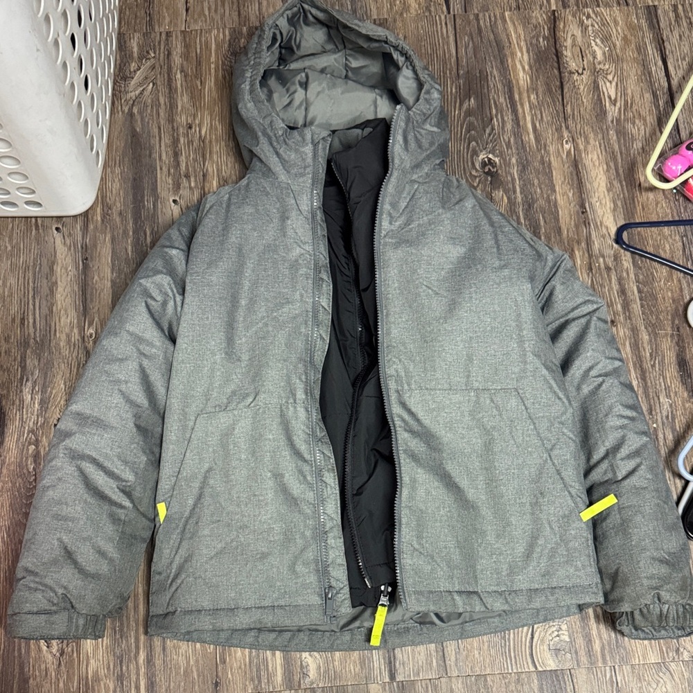 all in motion Gray Hooded 2 in 1 jacket with Black Lining and Yellow Accents
